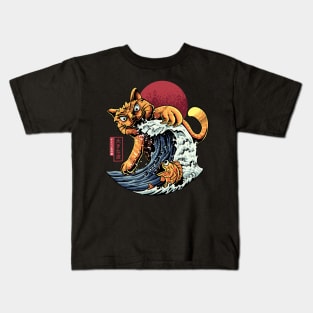 angry cat waves and fish Kids T-Shirt